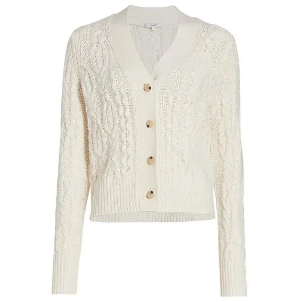 NEW VINCE Triple Braid Cable Wool Cashmere Blend Cardigan Sweater Off White - Picture 2 of 7